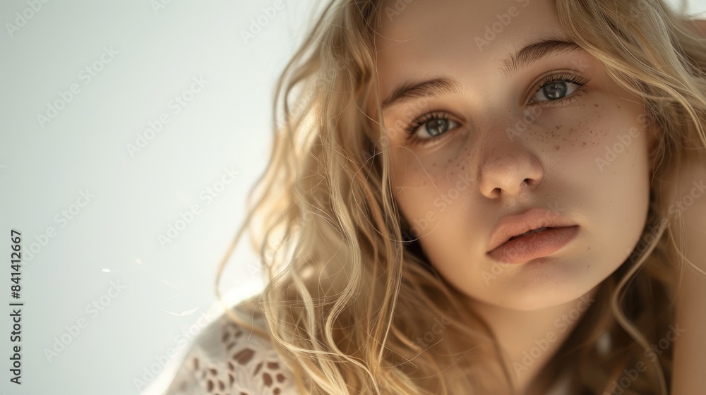 Fototapeta premium Beautiful Teenage Blond Girl Portraiture on White Background