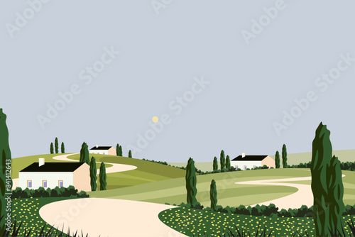 Valley background, houses, forest banner