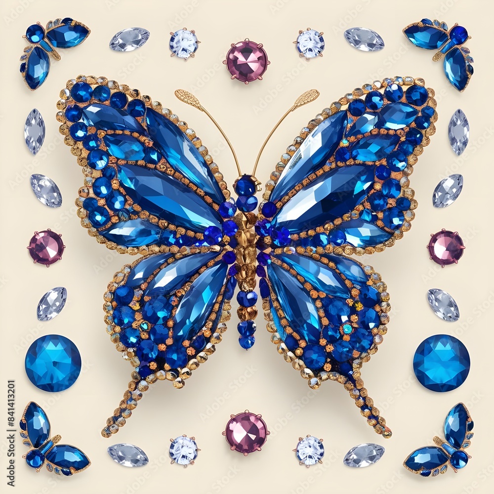 Create a digital illustration of a large, ornate butterfly made of blue and gold crystals. The butterfly should be surrounded by smaller bu
tterflies, also made of crystals, as well as various other Create a digital illustration of a large, ornate butterfly made of blue and gold crystals. The butterfly should be surrounded by smaller bu
tterflies, also made of crystals, as well as various other
