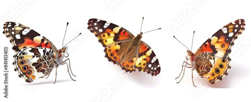 Set - three butterflies in flight, painted lady, Vanessa Kershawi, isolated on white with brown and red tones.