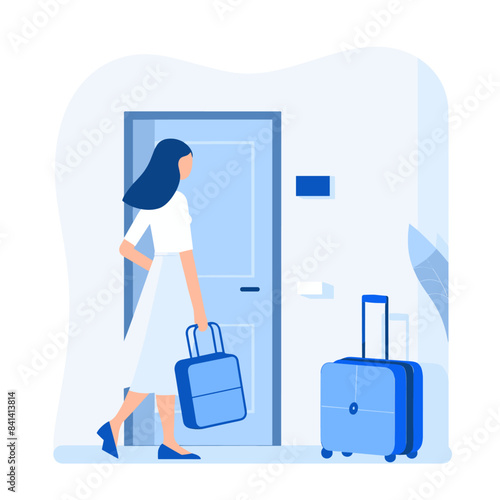 A flat vector illustration of a woman with long hair in a white coat and backpack opening the door to her apartment
