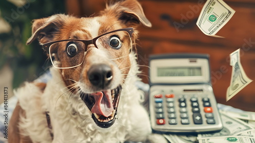 Excited Dog Glasses Calculator Money Flying Humorous Concept photo