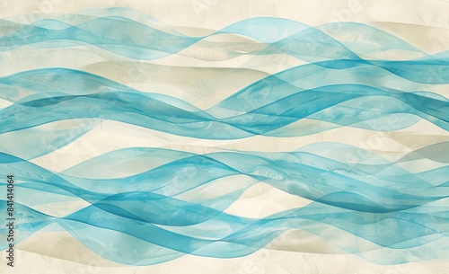 The background is abstract and embossed with wavy lines in turquoise, blue and golden tones.