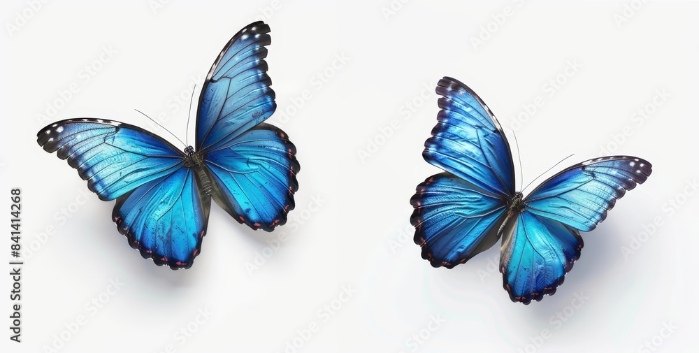 An isolated macro photograph of two beautiful blue tropical butterflies flying in flight. An isolated macro photograph of two beautiful blue tropical butterflies flying in flight.