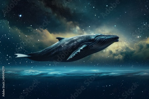 Serene Big whale floating in stars. Poster animal. Generate Ai