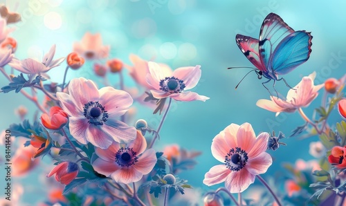 A beautiful macro photo of pink anemones in springtime on a soft blue background. A beautiful artistic image of spring nature. © Bundi