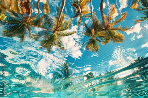 On a sunny summer day, lush tropical palm trees are reflected in turquoise wavy water with turquoise textured texture. Colorful image for summer photos.
