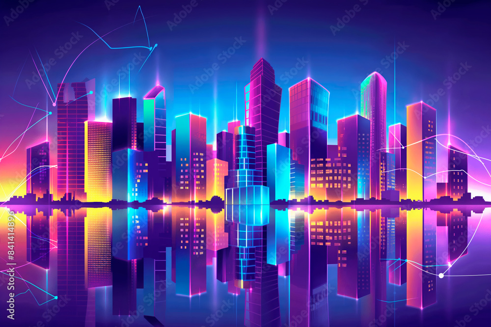 Vibrant neon-colored cityscape with skyscrapers, abstract lines, on a dusk background, concept of a futuristic city. Generative AI Vibrant neon-colored cityscape with skyscrapers, abstract lines, on a dusk background, concept of a futuristic city. Generative AI