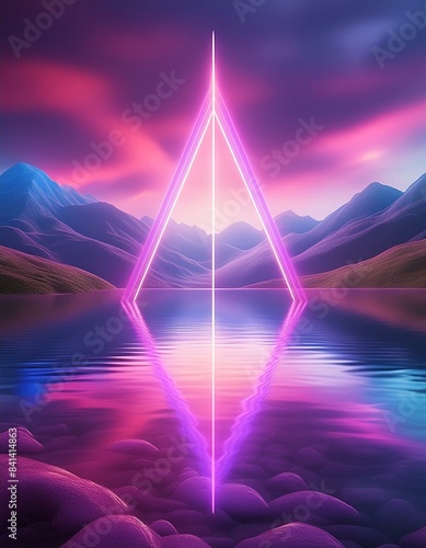 Neon light and dramatic sky at the lake with mountains