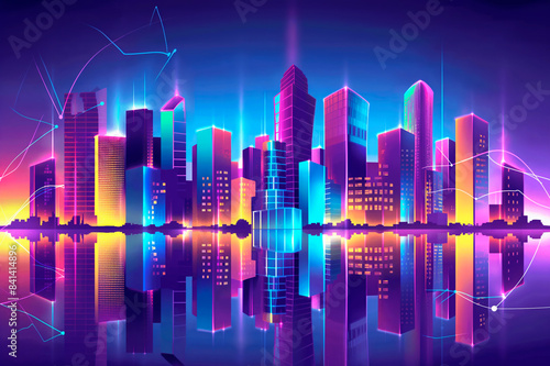 Vibrant neon-colored cityscape with skyscrapers  abstract lines  on a dusk background  concept of a futuristic city. Generative AI