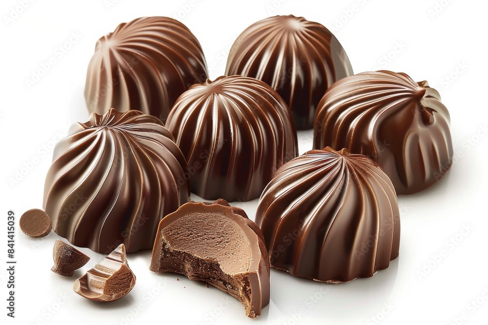 A close up of chocolate pralines with a swirl design, highlighting the intricate details and luxurious appeal of these gourmet confections A close up of chocolate pralines with a swirl design, highlighting the intricate details and luxurious appeal of these gourmet confections