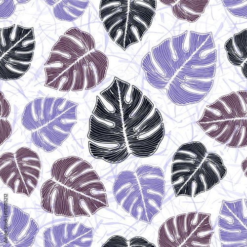 Philodendron tropical leaves floral repeat pattern over noisy background.