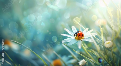 An exquisite image of a white forest flower with buds and a ladybug on a blue background in spring or summer, in rays of light. An artfully composed image showing grace and the art of magic.