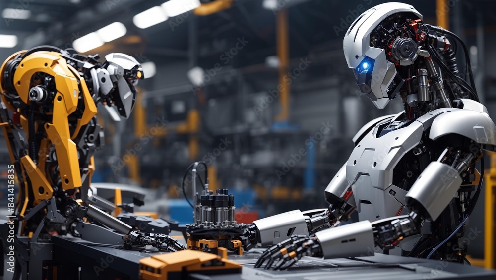 Two robots work together on the assembly line. Two robots work together on the assembly line.