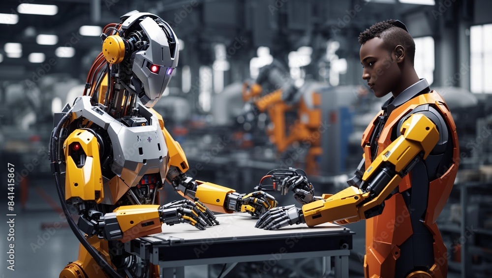 Two robots work together on the assembly line. Two robots work together on the assembly line.