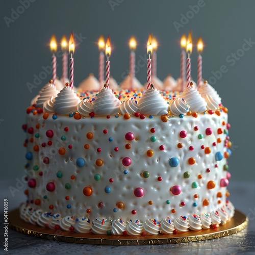 A delicious birthday cake with eight lit candles and colorful sprinkles photo