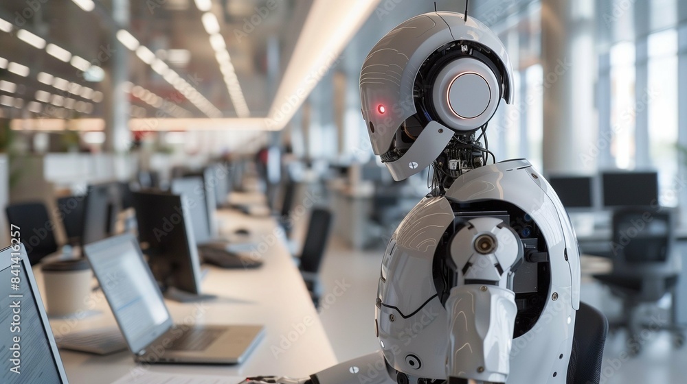 Bionic AI Robot Working in a Modern Office Surrounded by Laptops and Computers in a Factory Setting with Blurred Background Bionic AI Robot Working in a Modern Office Surrounded by Laptops and Computers in a Factory Setting with Blurred Background