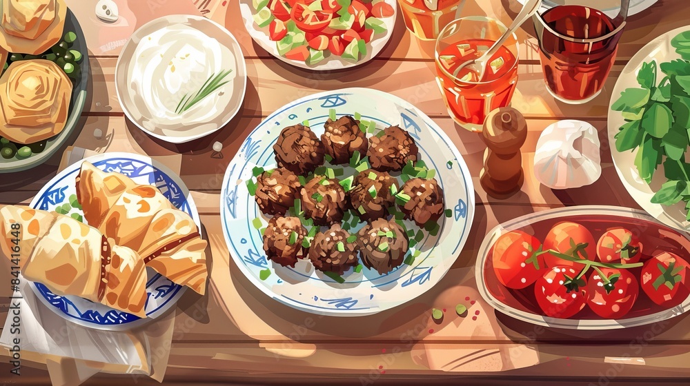 A delicious spread of various dishes including meatballs, pastries, fresh salad, and beverages on a wooden table, perfect for a hearty meal. A delicious spread of various dishes including meatballs, pastries, fresh salad, and beverages on a wooden table, perfect for a hearty meal.