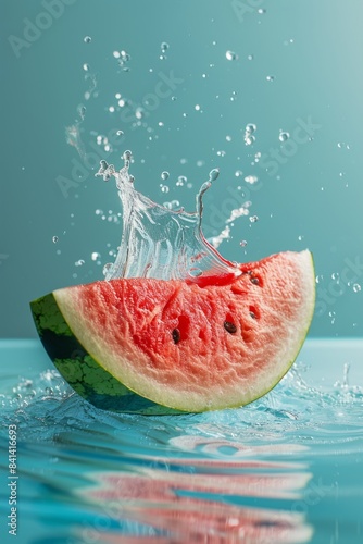 Close-up of a fresh watermelon slice with seeds flying out against a vibrant blue background. Perfect for summer and healthy living concepts.