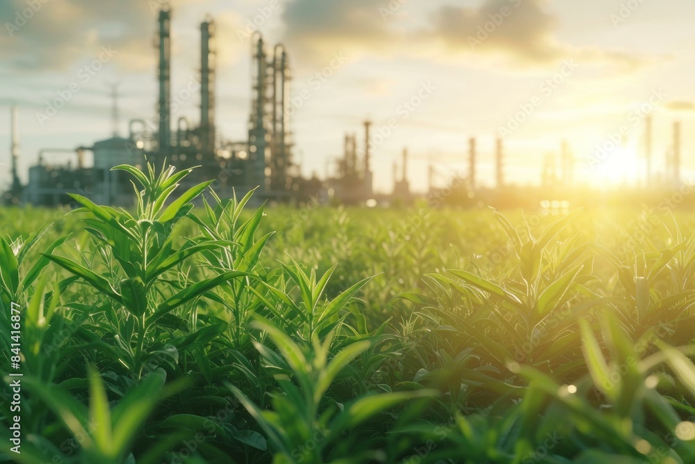 Fresh green plants contrast with a distant industrial complex at sunset Fresh green plants contrast with a distant industrial complex at sunset