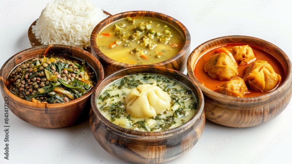 A variety of traditional Nepali dishes served in wooden bowls, including rice, lentil soup, vegetables, and dumplings, presented on a white background. A variety of traditional Nepali dishes served in wooden bowls, including rice, lentil soup, vegetables, and dumplings, presented on a white background.