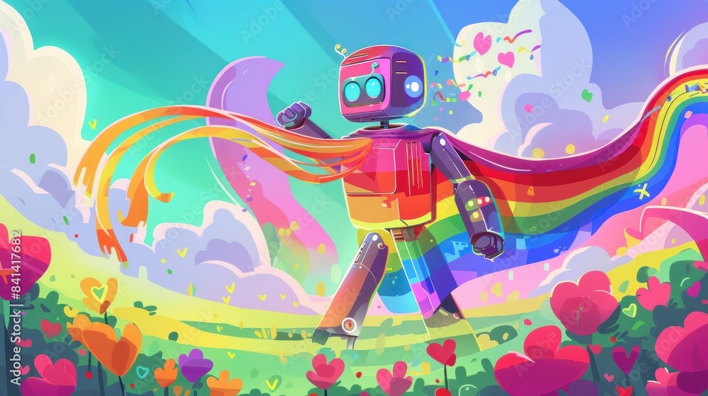 Robot with Rainbow Flag in Flower Field Robot with Rainbow Flag in Flower Field