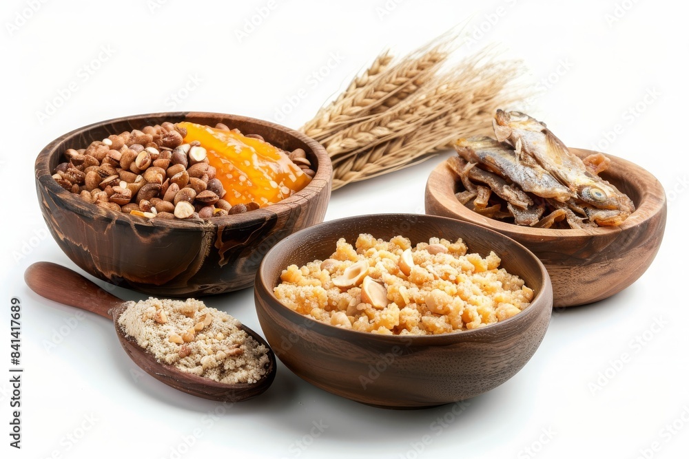 Assorted dried foods in wooden bowls, including nuts, grains, dried fish, and dried fruits, isolated on a white background. Assorted dried foods in wooden bowls, including nuts, grains, dried fish, and dried fruits, isolated on a white background.