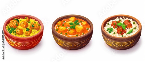 Assorted dishes of traditional Indian cuisine in beautifully decorated bowls, featuring vibrant colors and rich textures. photo