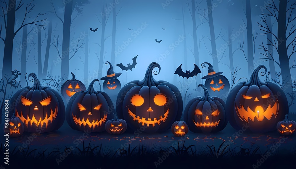 Flat design Halloween jackolantern with various carved faces, glowing light, and spooky background Flat design Halloween jackolantern with various carved faces, glowing light, and spooky background