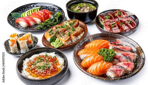 Assorted Japanese cuisine including sushi, sashimi, rice bowls, and soups, presented on elegant plates with garnish and sauces.