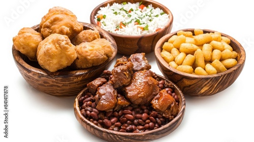 Assorted international dishes in wooden bowls including fried food, rice, beans, meat, and gnocchi. Perfect for culinary presentations.
