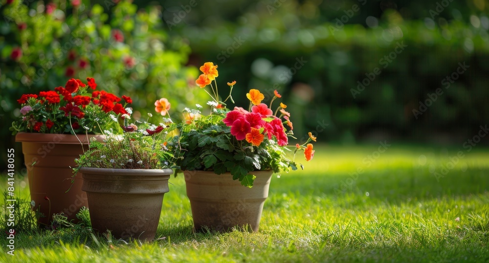 A beautiful manicured garden frames bright red and yellow begonia flowers in pots. A beautiful manicured garden frames bright red and yellow begonia flowers in pots.