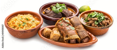 Assorted traditional Latin American dishes including tamales, rice, stew, and potatoes served in rustic clay bowls against white background.