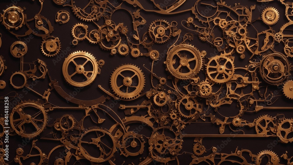 A variety of steampunk gears and cogs on a black background. A variety of steampunk gears and cogs on a black background.