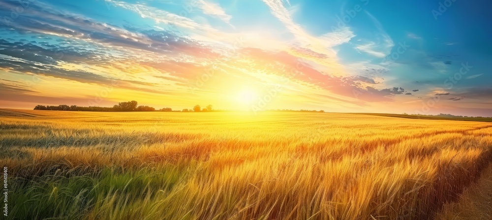 During sunset, golden wheat fields are reflected in many rays of sunlight against a cloudy sky. During sunset, golden wheat fields are reflected in many rays of sunlight against a cloudy sky.