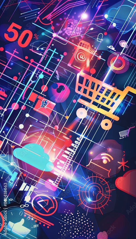 Abstract background depicting an online sale with digital shopping carts, product icons, and 50% OFF text. Generative AI Abstract background depicting an online sale with digital shopping carts, product icons, and 50% OFF text. Generative AI