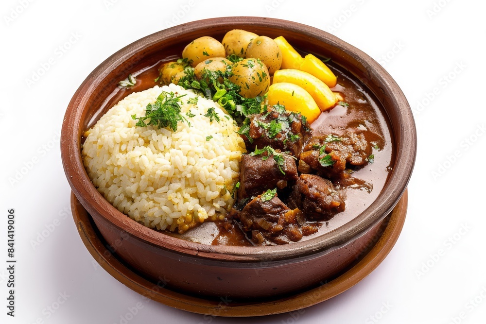 Delicious beef stew with rice, potatoes, and vegetables in a rustic clay bowl, garnished with fresh herbs on a white background. Delicious beef stew with rice, potatoes, and vegetables in a rustic clay bowl, garnished with fresh herbs on a white background.