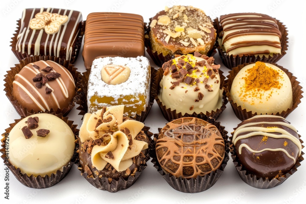 Assorted chocolate pralines with various toppings, showcasing the artisanal and luxurious quality of these gourmet confections Assorted chocolate pralines with various toppings, showcasing the artisanal and luxurious quality of these gourmet confections
