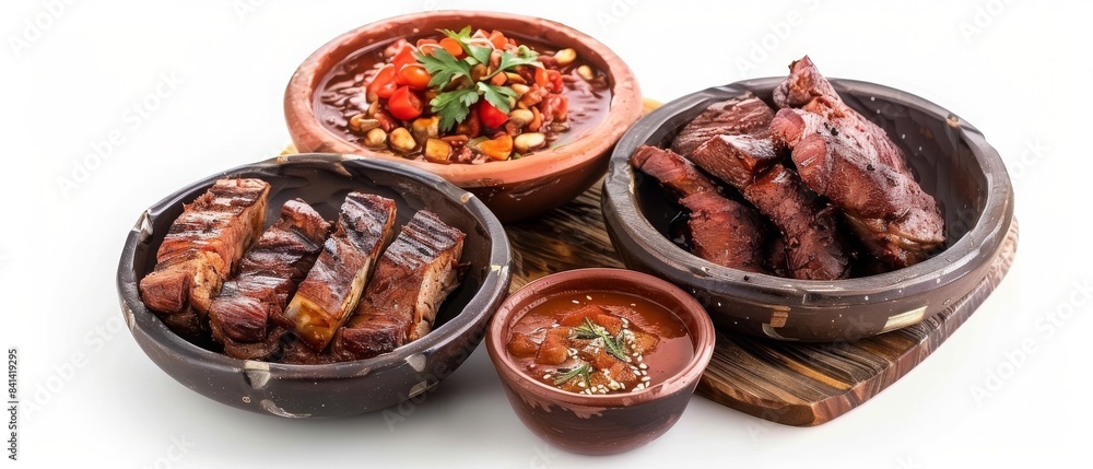 Delicious grilled ribs and beans with tomato sauce in rustic bowls, perfect for a hearty meal, barbecue, or outdoor dining experience. Delicious grilled ribs and beans with tomato sauce in rustic bowls, perfect for a hearty meal, barbecue, or outdoor dining experience.