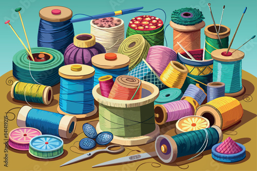 A variety of sewing supplies. Several spools of thread of different colors with needles. Also visible are a pin cushion, scissors, buttons and rolls of fabric. The background hints at a craft or sewin photo