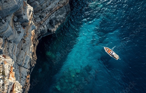 An image from a summer Mediterranean natural seascape, showing rocks and a ship in turquoise blue transparent ocean water. Excellent background for traveling and vacations.