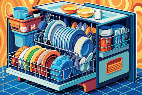 open dishwasher filled with dishes. The two shelves inside the dishwasher hold plates, bowls, cups and a frying pan. theme the convenience of modern appliances in everyday life.