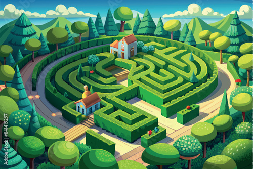 A stylized hedge maze with a castle in the background. The maze consists of neatly trimmed hedges, with several paths visible within. The surrounding landscape includes rolling hills with trees 