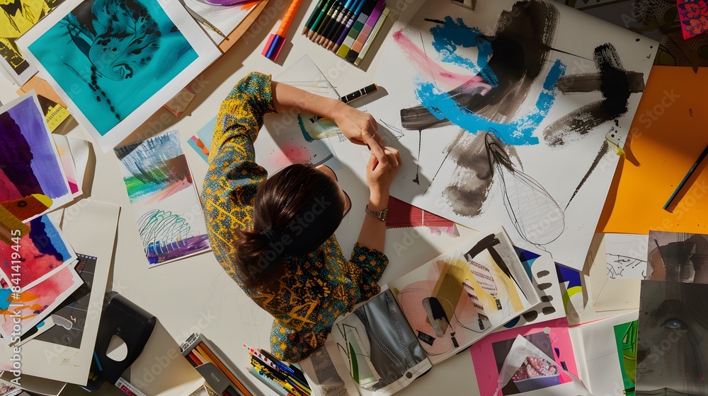 Fototapeta premium Artist at work with vibrant paintings and drawing supplies on a cluttered table
