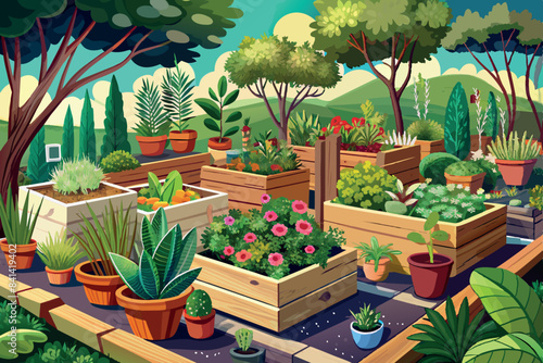 A picturesque and colorful garden with several raised beds with various plants and vegetables. In the foreground you can see wooden crates with red tomatoes, green lettuces, and purple eggplants.