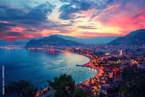 Photo of the Turkish resort Alanya taken from an aerial photograph showing the beautiful evening sky with reflections on the water of the bay, a silhouette of the mountains with scattered lights and photo