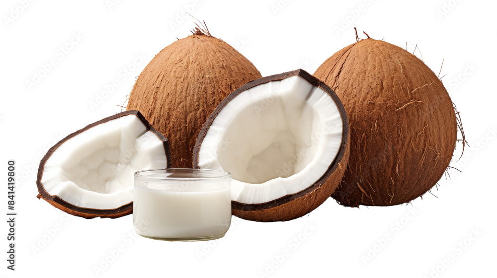 Whole and Cracked Coconuts With Coconut Milk in a Glass Whole and Cracked Coconuts With Coconut Milk in a Glass