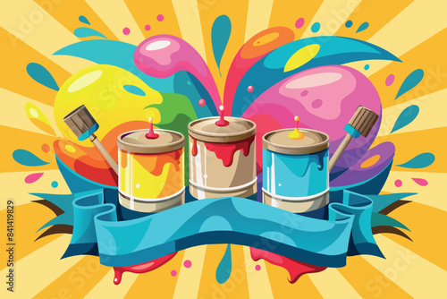 paint cans with bright splashes in the background, suggestive of painting or art. They are painted in blue, red and yellow, which are the primary colors. The painting brush is dipped into the jar.
