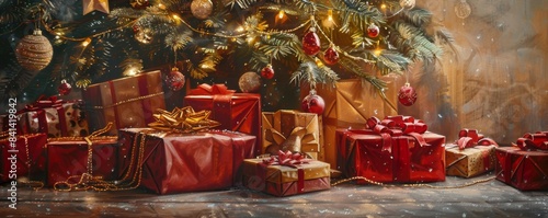 Anticipating christmas morning presents under tree © Denys