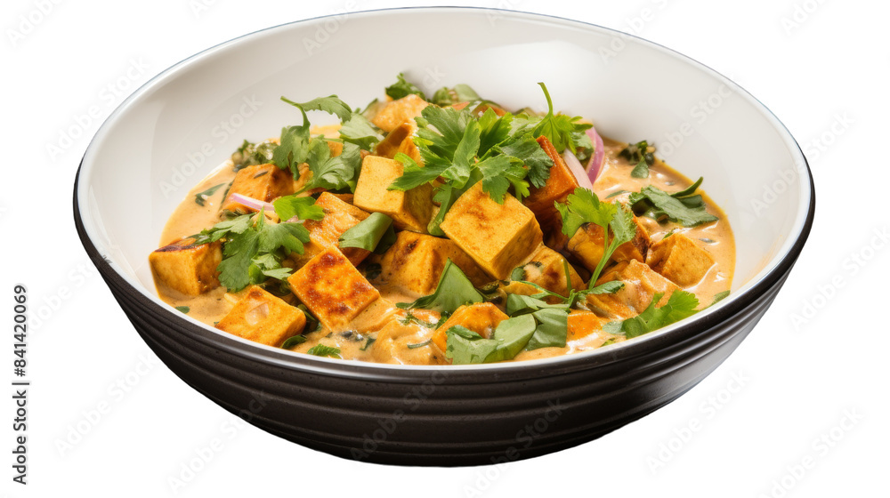 Creamy Tofu Curry With Cilantro and Onions in a White Bowl Creamy Tofu Curry With Cilantro and Onions in a White Bowl